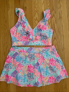 Lilly Pulitzer Pink & Aqua Floral Ruffle Skirt Set